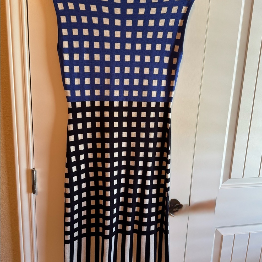 Ann Taylor Blue and Black Grid Midi Dress